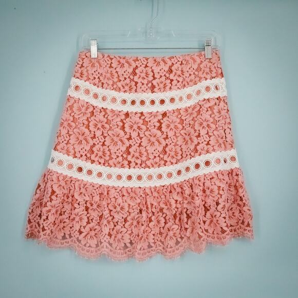 Sandro Paris 3 Size 8 US Pink Devon Floral Lace Ivory Banded Trim Mini Skirt - Picture 3 of 6